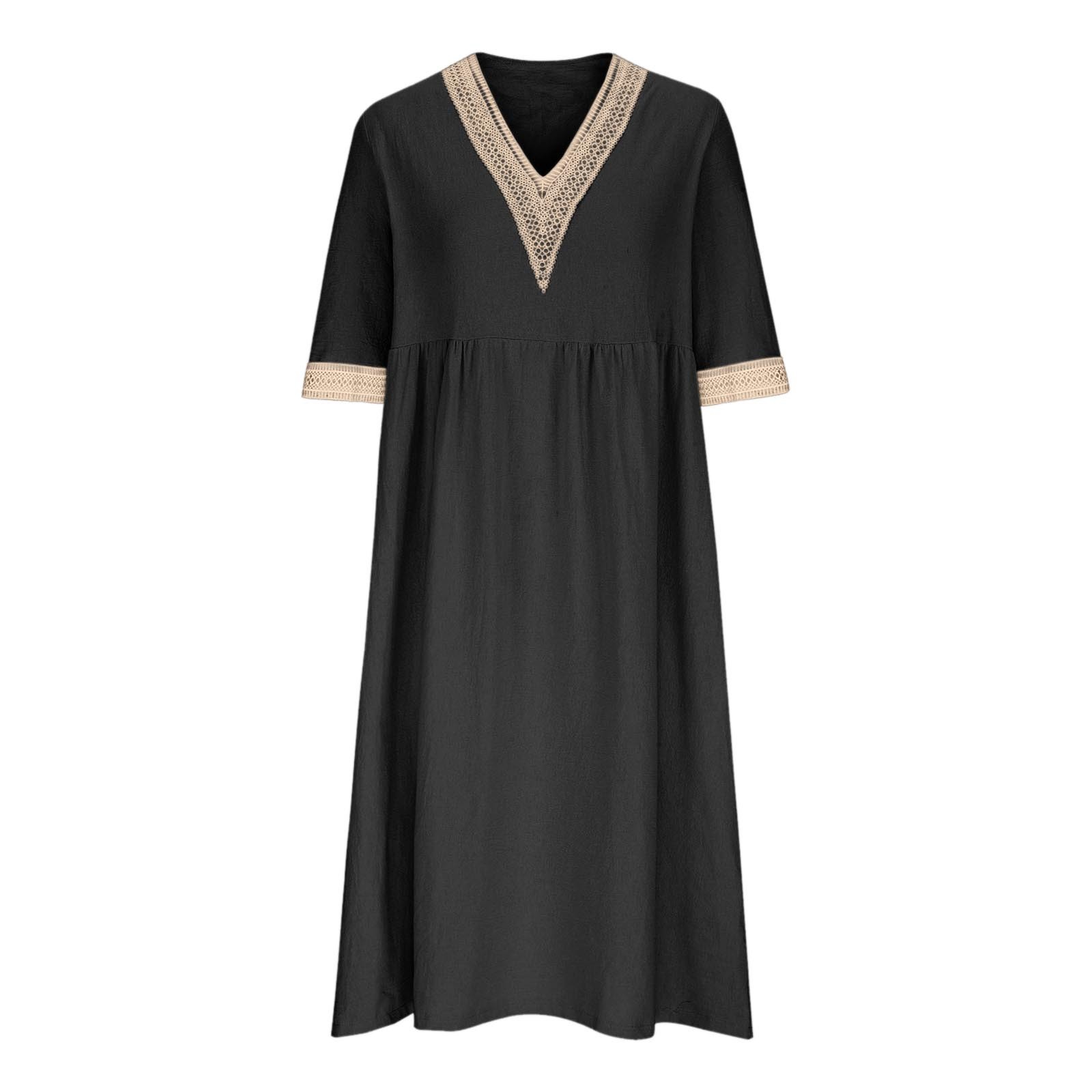 thumbnail image 5 of Vestido largo boho para mujer: vestido informal de manga corta con cuello en V, botones y bolsillos, cintura alta, 5 of 5